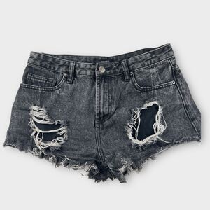 Forever 21 Black Distressed Grunge Festival Cut Off Denim Shorts Size 27 Emo